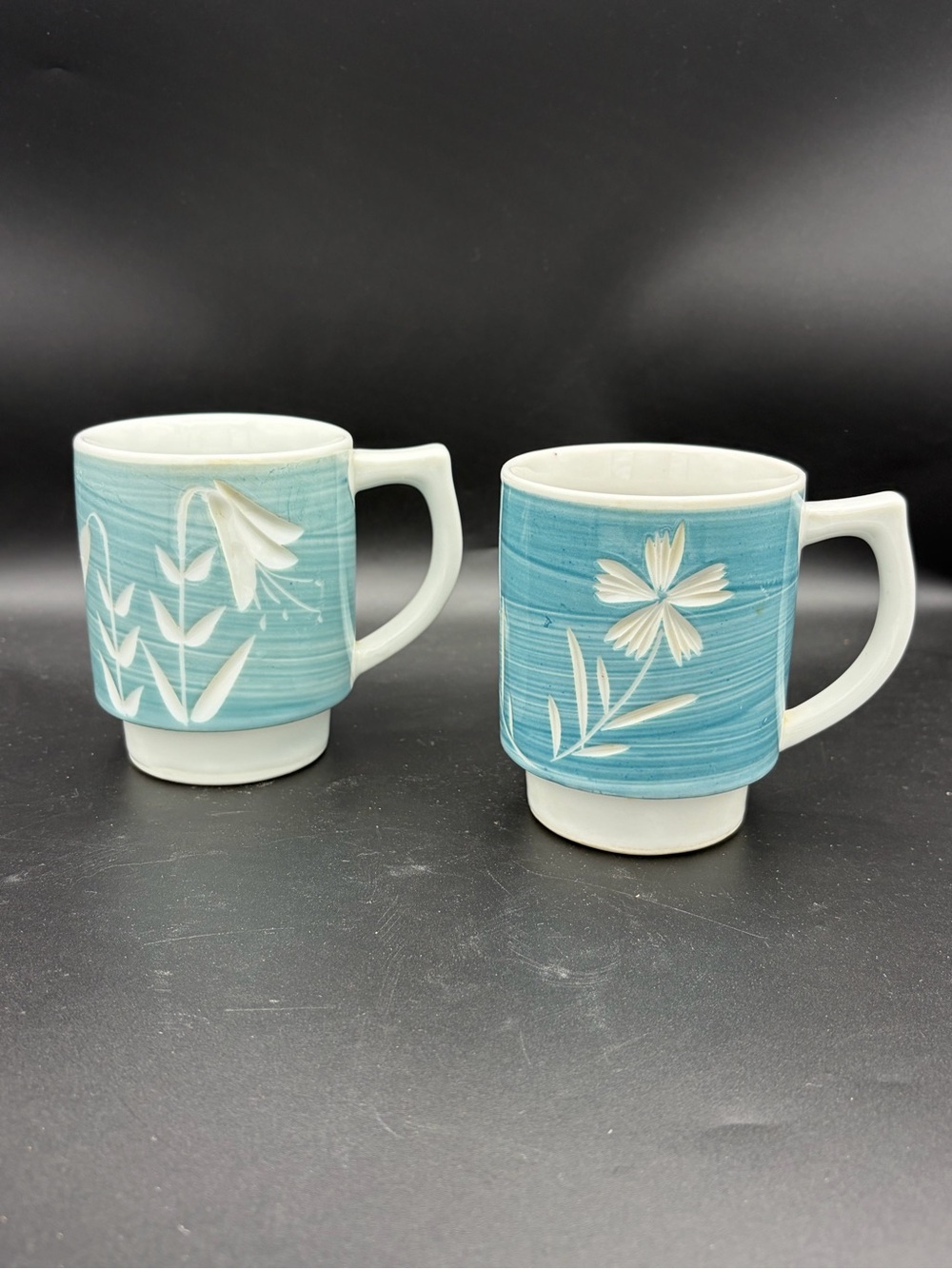 Light Blue Floral Ceramic Mugs - Set of 2